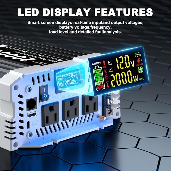 2000 watt Pure sine Wave Inverter 12V DC to 110V AC Power Inverter with 3 AC Output sockets USB Port Type-C Port Remote Control with LCD Screen Used for Solar Emergency Power Supply in RV Homes