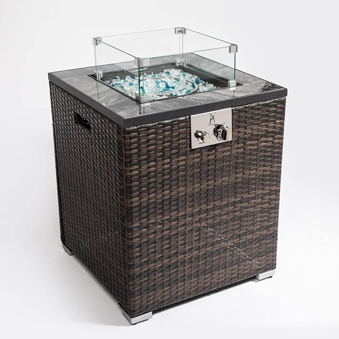 24in Outdoor Propane Gas Fire Pit Table 40000 BTU Auto-Ignition Gas Firepit with Glass Wind Guard Marble Tile Tabletop Mixed Color Glass Rocks Brown PE Rattan