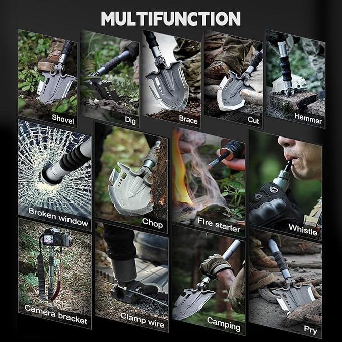 Zune Lotoo Survival Shovel Multitool 28 in 1 Luxury Kit Tactical Camping Folding Shovel Unbreakable Martensitic Steel Adjustable 7 Angles 24-35.4'' Length Compact Gear for Outdoor Hiking Emergency