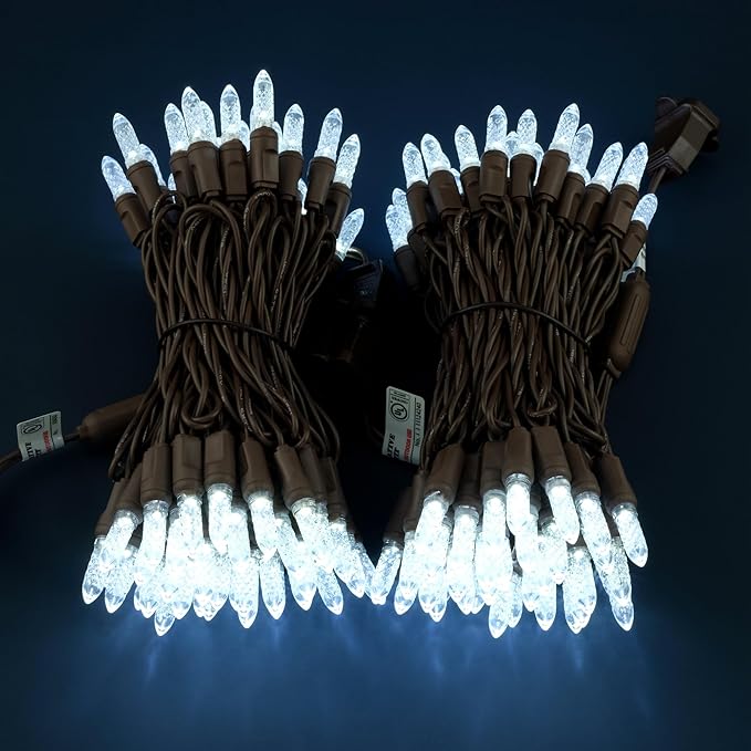 Cool White Faceted One-Piece LED Christmas Lights 48 Feet 140 Count Pack of 2 Strands 70ct M6 High Waterproof UL Certified Brown Cord String Lights