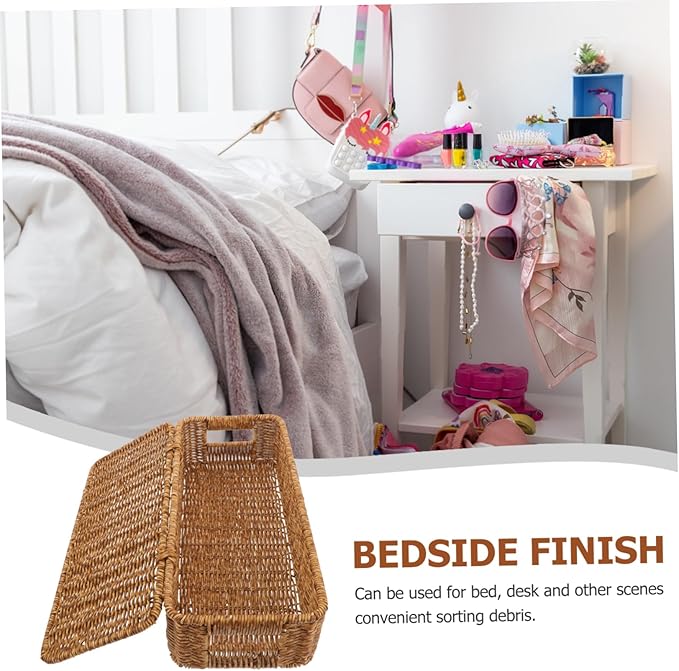 ABOOFAN Rattan Storage Basket Lid Fabric Bin Imitation Rattan Box Woven Sundries Basket Home Decor