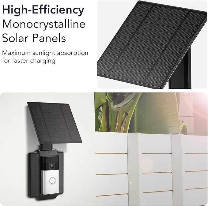 Wasserstein Universal Solar Charger Compatible with Ring Battery Doorbell (2024 Release)/Pro/Plus/4/3/3 Plus/2nd Gen (2020 Release) &amp Wyze Wireless Video Doorbell Pro - 2.5W Solar Panel Charger