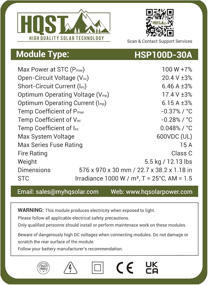 HQST 100W 12V Monocrystalline Solar Panel with Solar Connectors High Efficiency Module PV Power for Battery Charging Boat Caravan RV and Any Other Off Grid Applications