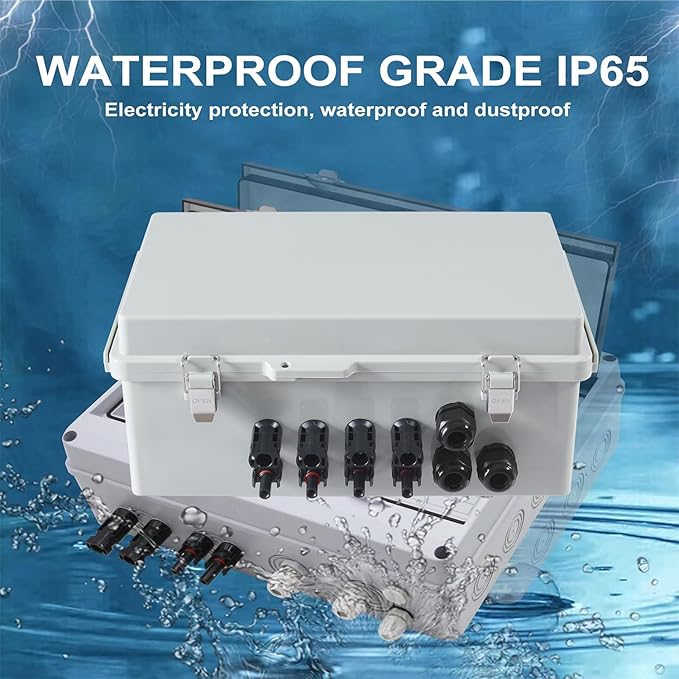 4 String PV Combiner Box with 15A Fuses Surge Protector &amp 63A Breaker IP65 Waterproof for On/Off Grid Solar System Home RV Marine