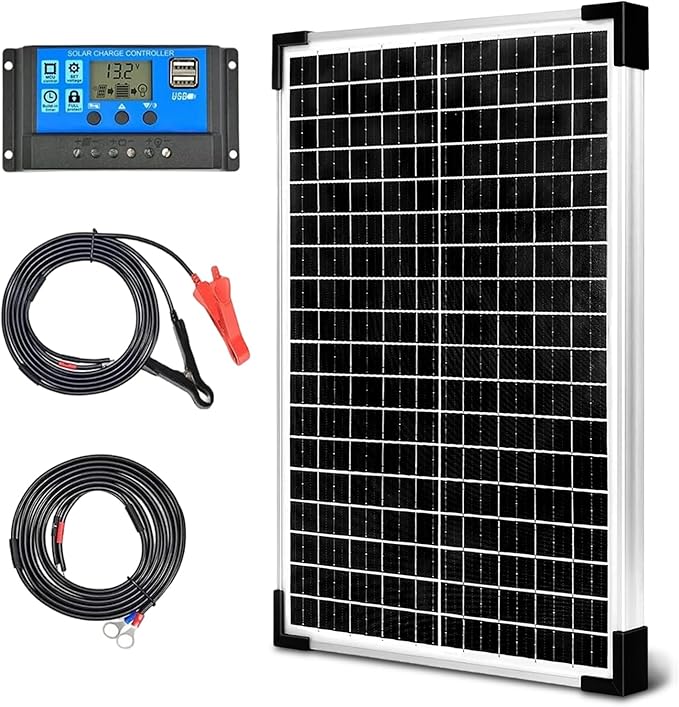 Solar Panel Kit 30W 12V MonocrystallineBattery Maintainer +10A Solar Charge Controller + Extension Cable with Battery Clips O-Ring Terminal for RV Marine Boat Off Grid System