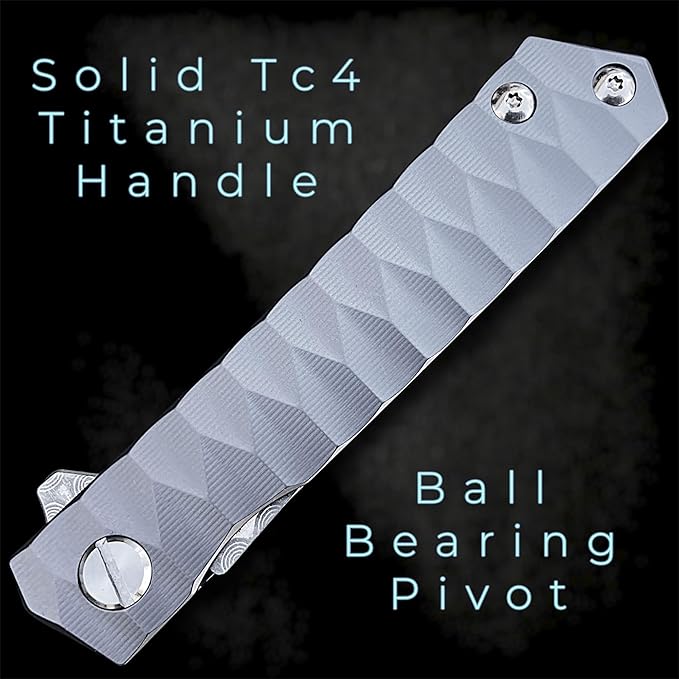 TACTICAL GEARZ Damascus Steel EDC Pocket Folding Knife Solid Tc4 Titanium Handle Includes Sheath (XT Midnight)