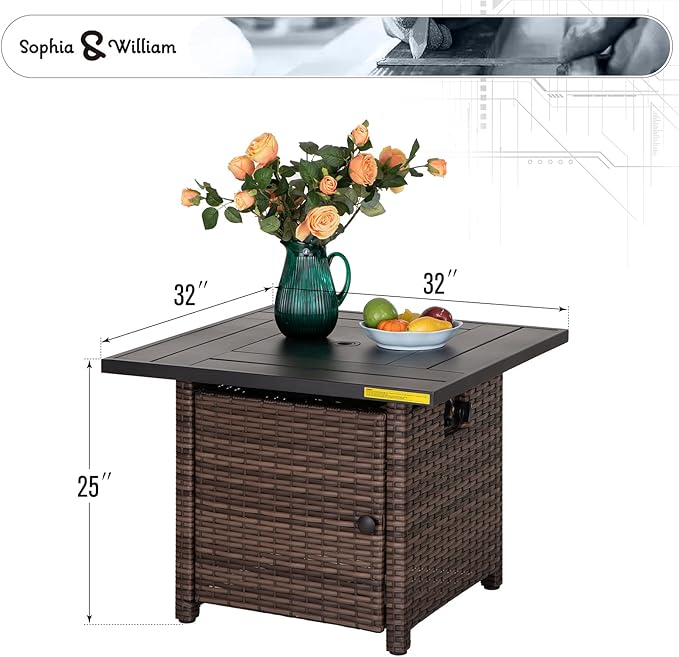 Sophia &amp William 32 Inch Gas Fire Pit Table Outdoor Rattan Propane Fire Table &amp Fireplace with Fire Glass Lid 50000 BTU Firepits for Outside Patio