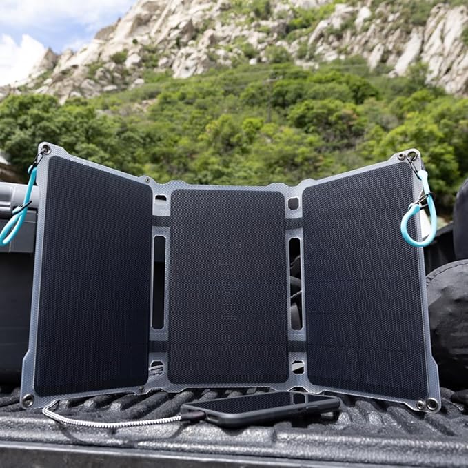 Paleblue Approach 2 Portable Solar Panel Charger – 21 Watts – Triple Panel Foldable Solar Charger with Dual USB Ports Grip Cords &amp Stash Sleeve - Camping Hiking Backpacking &amp Off-Grid Outdo