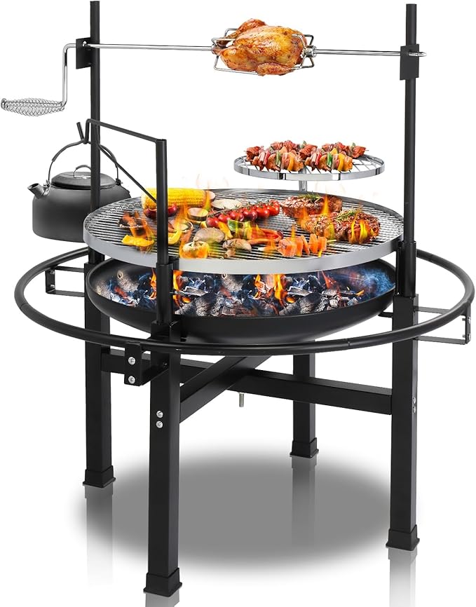 ROVSUN 33'' Outdoor Fire Pit with 2 Grills Wood Burning Round Firepit with Swivel Cooking Grate Removable Swivel Grill for Backyard Patio Picnic BBQ and Parties