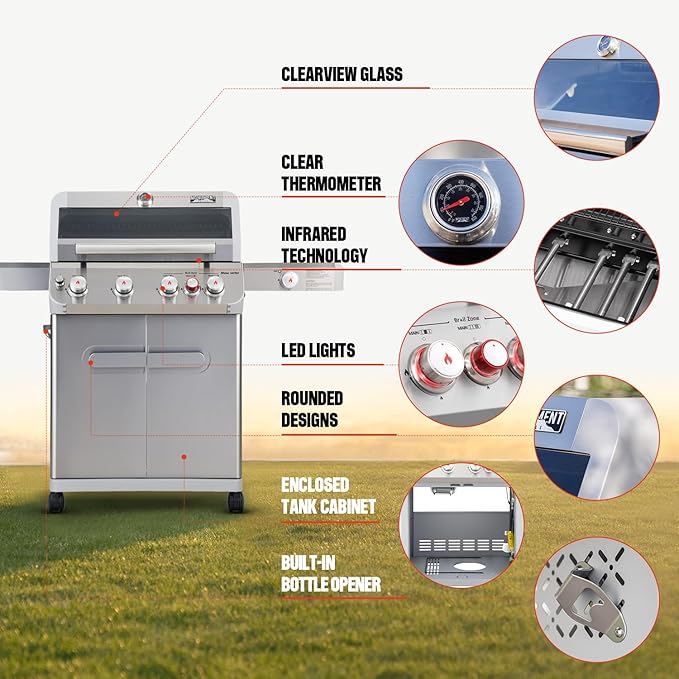 Monument Grills 4+1 Outdoor Barbecue Stainless Steel Propane Gas Grill 4 Burners &amp 1 Side Burner 62000 BTU Patio Garden Barbecue Grill with Knob Controls Mesa415BZ