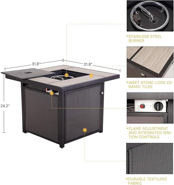 Grand Patio Outdoor Gas Fire Pit Table 32-Inch Square Propane Gas Fire Pit with CSA Safety Approval 50000 BTU Heat Sling Base Ceramic Tile Top and Lava Rock for Garden Backyard and Deck Parties