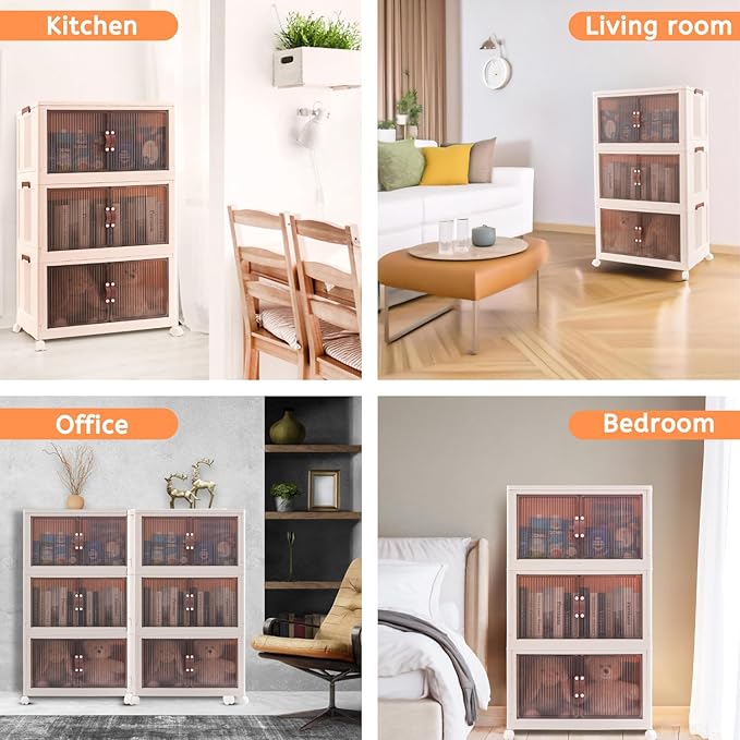 95 QT (285 QT Total) Stackable Storage Bins with Doors – 3 Tier Plastic Cabinet with Doors – Magnetic closure Foldable Storage Bins with Lids &amp Wheels –Collapsible Organizer with Leather Handles