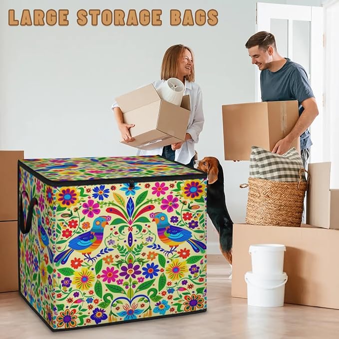 XL Large Clothes Storage with Lid Handle Mexican Large Thick Clothes Blanket Storage Containers for Organizing Bedroom Closet Comforter Organization Storage Mexico Style Floral Bird