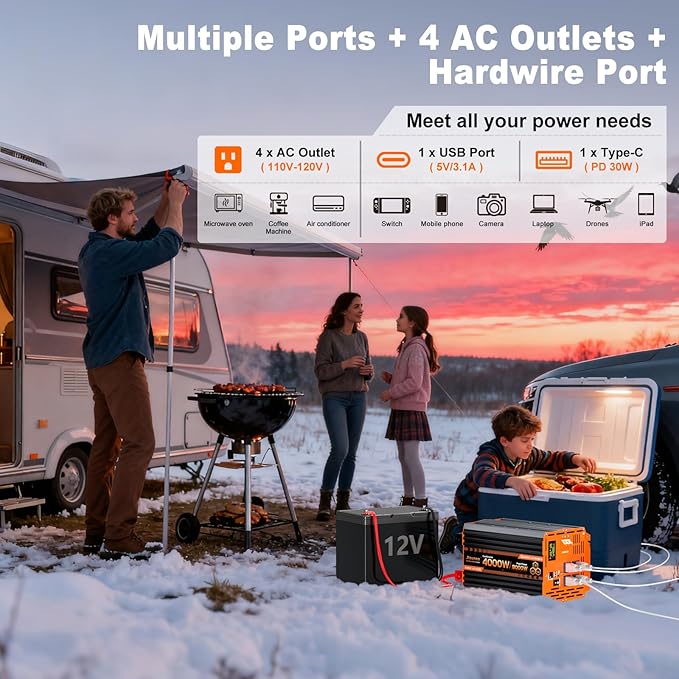 4000W Pure Sine Wave Inverter 12V DC to 110V/120V AC Heavy Duty Power Inverter for Home Backup Off-Grid Solar RV Truck with 4 AC Outlets Dual LCD Display Remote Control Hardwire Port