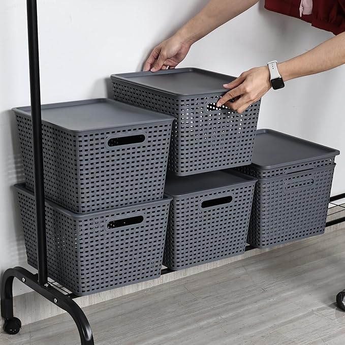 6-Pack Large Plastic Storage Baskets Bins with Lid Ideal for Barthroom Kitchen Pantry Closets Organizing Gray