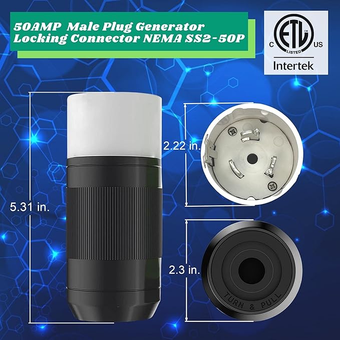 Sintron Generator Male Connector 50 Amp NEMA SS2-50P USA/Canada Marine 4-Pin Straight Blade Plug 3 Pole 4 Wire Grounding 125V/250V ETL Listed Twist Locking Plug 50A CS6365 12500 Watts