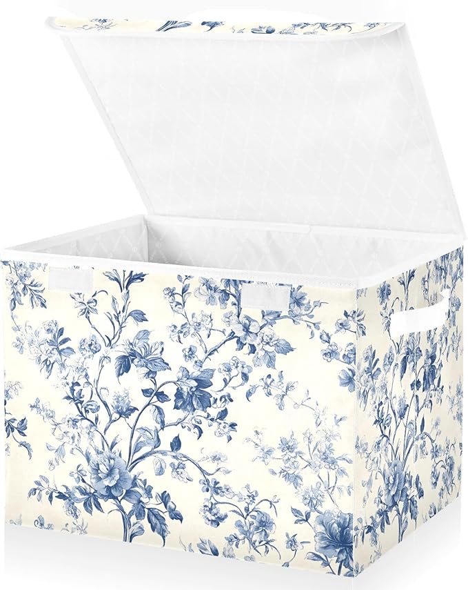 Blue White Flower Pattern Large Storage Bins with Linen Foldable Storage Cubes Fabric Closet Organizer Containers box with Flip-Top Lid for Home Office 16.5 x 12.6 x 11.8 IN