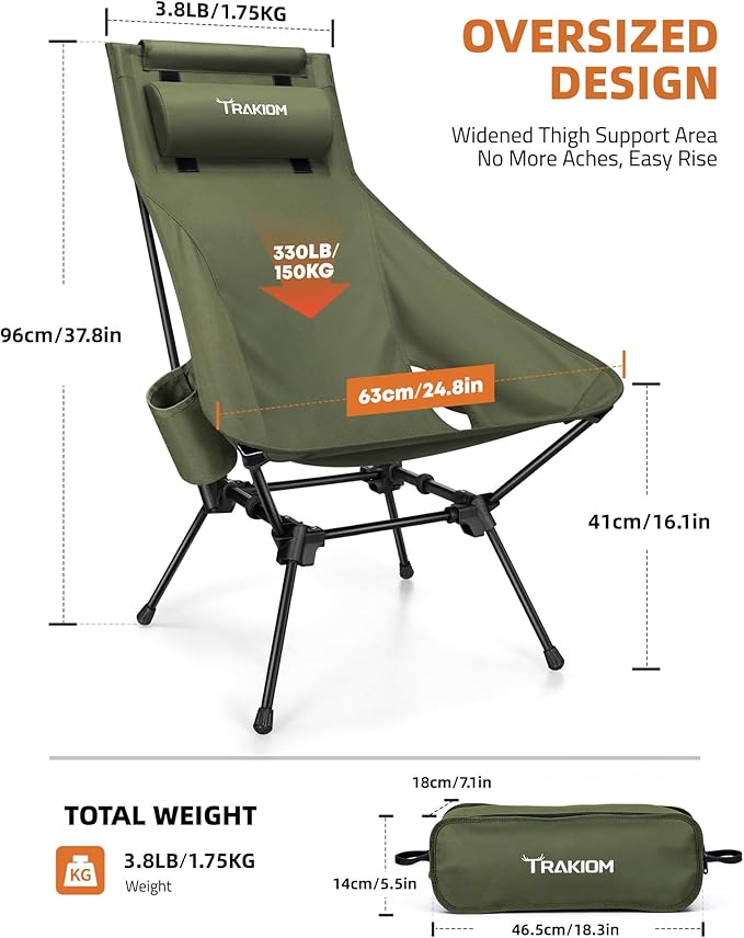 Trakiom High Back Portable Compact Camping Chair Lightweight Green Folding Chair with Head Support &amp Widened Seat Adjustable Head Support for Beach Camping Festival Hiking and Outdoor Travel