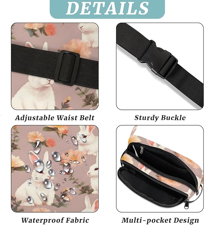 Watercolor Roses Rabbit Waterproof Fanny Pack for Women Men Adjustable Waist Bag with Double Zipper Pockets Lightweight Square Hip Pack for Running Travel Hiking Workout Cycling