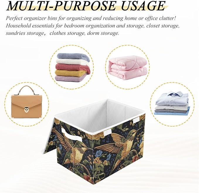 Storage Cube with Lid Embroidery Hummingbird Print 16.5×12.6×11.8 IN Collapsible Large Capacity Foldable Storage Basket Bin Organizer