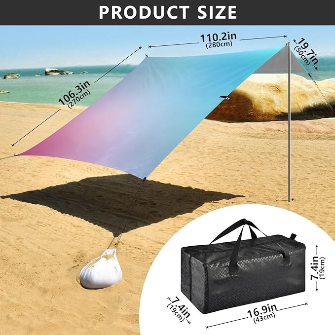 Teal Gradient Blue Pink Colored Blurred Stable Beach Tent UPF50+ Easy Setup Portable Sun Shelter with Sand Pockets for Family Trips Picnics &amp Camping