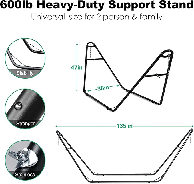 gafete Universal 2 Person Hammock Stand Only 600 lbs Capacity Fits 9 to 14ft Hammocks Adjustable Double Heavy Duty Powder-Coated Steel Stand for Outside Multi-Use (Black)