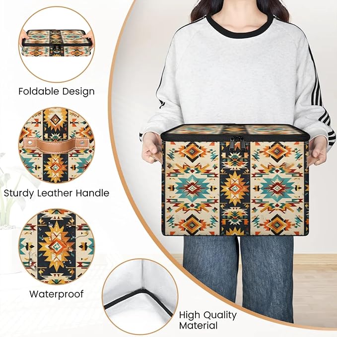 Boho Aztec Storage Bins with Zipper Aztec Western 2 Pack Lid Fabric Storage Boxes Home Cubes Baskets Clothes Organizer Container