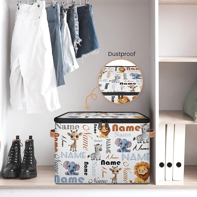 Custom Storage Bins with Zipper Lid Personalized Elephant Zebra Giraffe Lion Fabric Lidded Storage Baskets Boxes Foldable Cubes Clothes Organizer Container