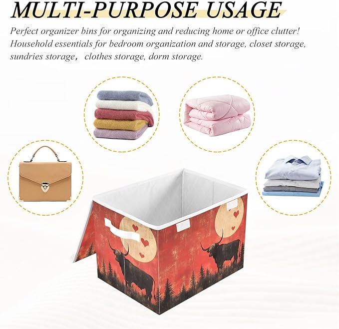 AIXIWAWA Lidded Storage Cube (Cattle Valentine) Fabric Foldable Closet Bins with Flip Lid and Handles Organizer Basket Container 16.5 x 12.6 x 11.8 IN