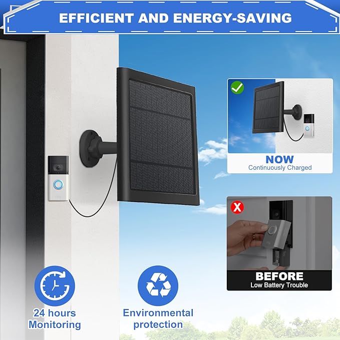 Solar Panel for Ring Doorbell 5W 5V Solar Charger Pefect for Ring Video Doorbell (2nd Gen - 2020 Release) Micro USB Port IP65 16.4ft Waterproof Charging Cable 360°Adjustable Mount