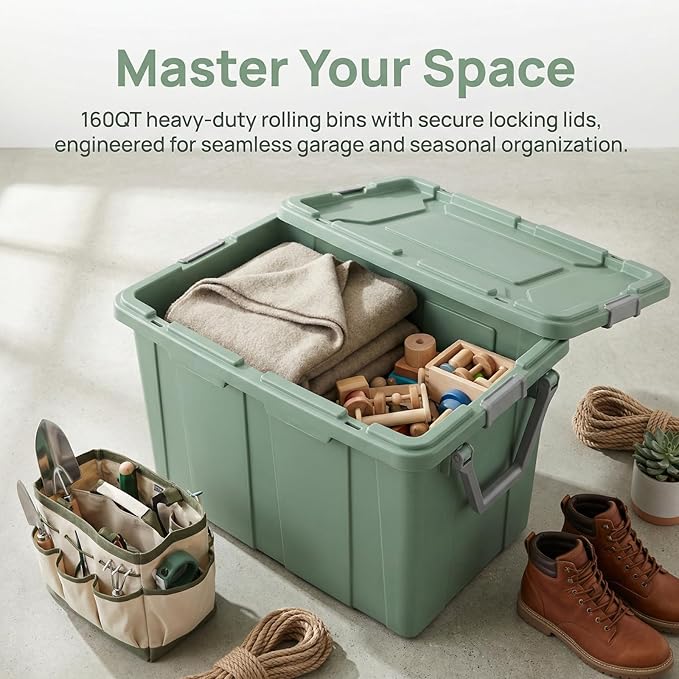 2 Pieces160 Quarts of Wheeled Storage Boxes Super Large Durable Transparent Boxes with Lock Covers and Handles Suitable for Moving Garage and Tool Room Storage (Green)