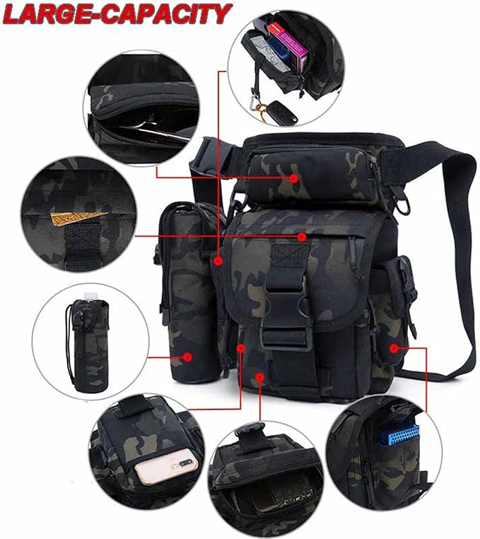 Tactical Drop Leg Bag Nylon Thigh Fanny Pack for Men Women Motorcycle Leg Pouch for Outdoor Travel Sports Cycling Fishing Riding Hiking Camping with Water Bottle Pouch (Black)
