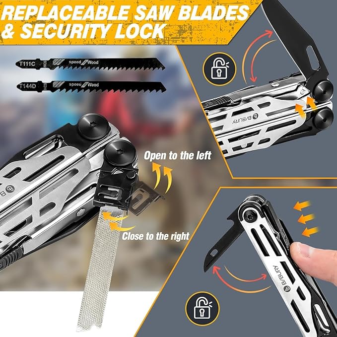 BIBURY Multitool Pliers Pro BI2045 Stainless Steel 31-in-1 Multi Tool Pliers with Replaceable Wire Cutters and SawFoldable Multitools with Scissors and Screwdriver Ideal for CampingSurvivalRepair