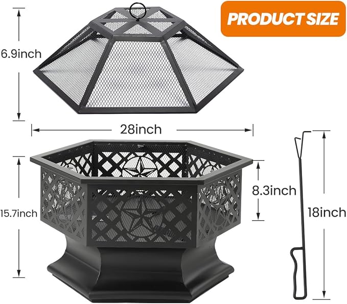 Panovue 28 Inch Hex-Shaped Fire PitWood Burning Fire Pits for Outside with Spark Screen&ampPokerMetal Hexagon Outdoor Firepit for BackyardBonfirePatioPartyGardenPicnic and Camping(28'' Black)