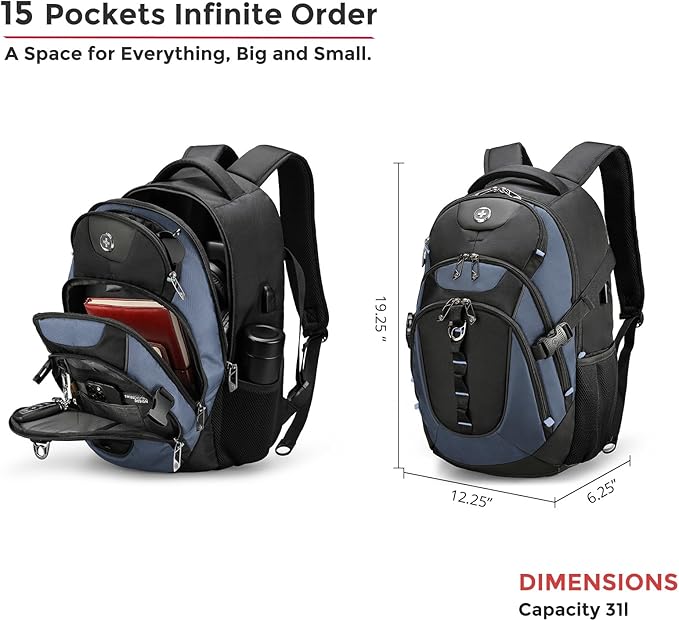 Swissdigital Design Laptop Backpack with USB Charging Port Travel Backpack Fits 15.6 inches Computer 31L College School Backpack for Men Haze Blue/Black | SD803-16