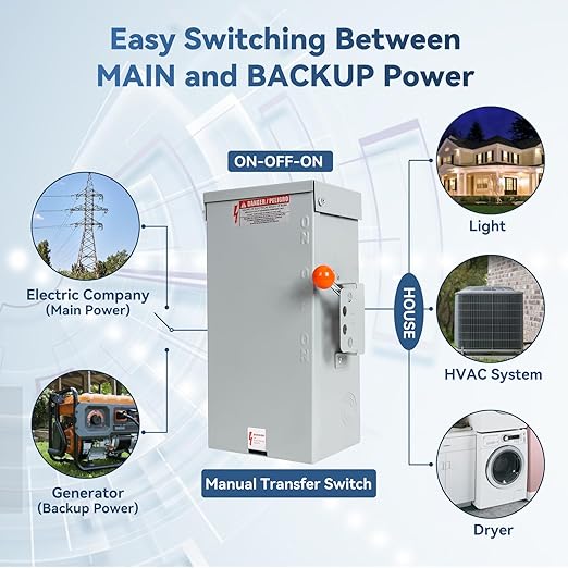 100A Generator Transfer Switch24000W General-Duty Double-Throw Safety Switch120/240-Volt Transfer SwitchesStronger Stability Manual Transfer SwitchesNEMA 3R Standards for Outdoor and Indoor