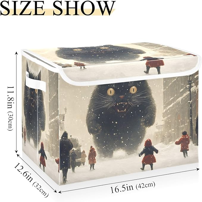 AIXIWAWA Lidded Storage Cube (Monster Cat in City) Fabric Foldable Closet Bins with Flip Lid and Handles Organizer Basket Container 16.5 x 12.6 x 11.8 IN