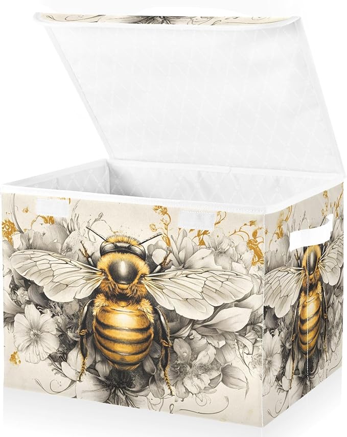 Bee Flower Gold Large Storage Bins with Lid Foldable Storage Cubes Fabric Closet Organizer Containers Box Baskets with Flip-Top Lid for Home Office 16.5” x 12.6” x 11.8”