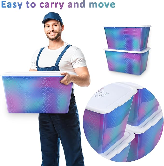 Storage Organizer Bins with Lids - 4PC 58QT Heavy-Duty Container Boxes Stackable and Nestable Storage Bins Plastic Large Storage Totes Rainbow Mermaid Bins for Home Office and Garage