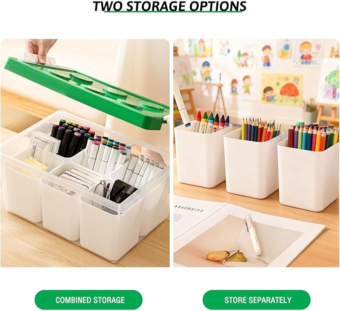 loobuu Plastic Storage Bins with Lids Art Craft Supply Organizer Box with Brush Pot Multipurpose Stackable Storage Containers for Organizing Tool Craft CrayonSewing (Green)