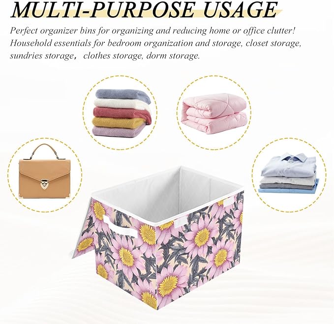 Storage Cube with Lid Aesthetic Floral Print 16.5×12.6×11.8 IN Collapsible Large Capacity Foldable Storage Basket Bin Organizer