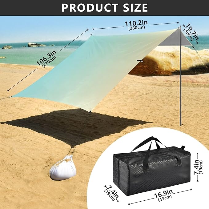 Blue Yellow Gradient Foldable Beach Cabana UPF50+ Protection Easy Setup Large Sun Shelter with Sandbags Sand Shovel Poles for Family Trips Picnics &amp Camping