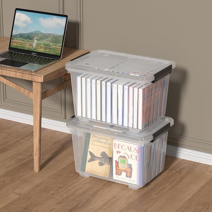 50 Quart Large Plastic Latching Box with Lid Clear Storage Bin with Wheels Stackable 4 Packs