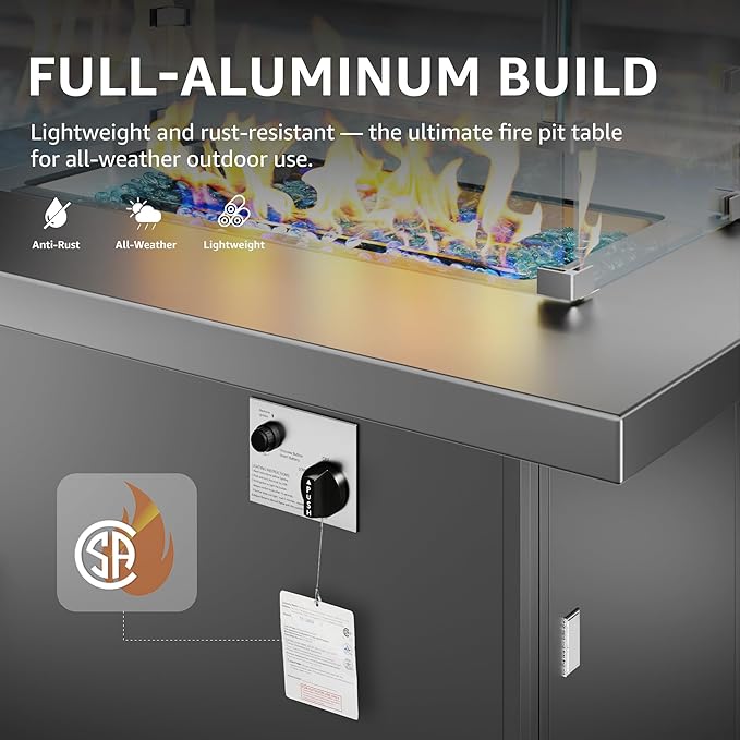 NICESOUL 43'' Aluminum Fire Pit Table 60000 BTU Propane/Natural Gas Outdoor Firepit with Wind Guard &amp Glass Rocks All-Weather Rectangular Fireplace for Outside Patio CSA-Certified Ember Black