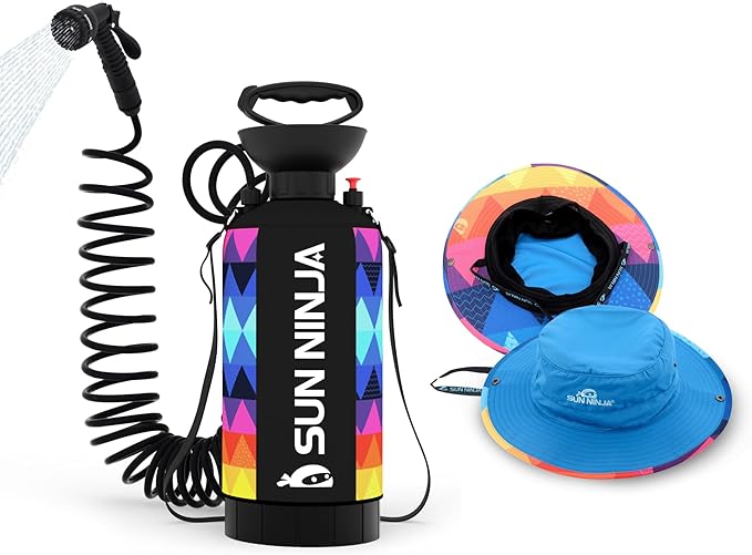 SUN NINJA Portable Shower and Bucket Hat Bundle with Multi-Spray Shower Head Neoprene Cover UPF 50+ Reversible Sun Hat Shoulder Strap - Outdoor Camping Beach Hiking &amp Sun Protection