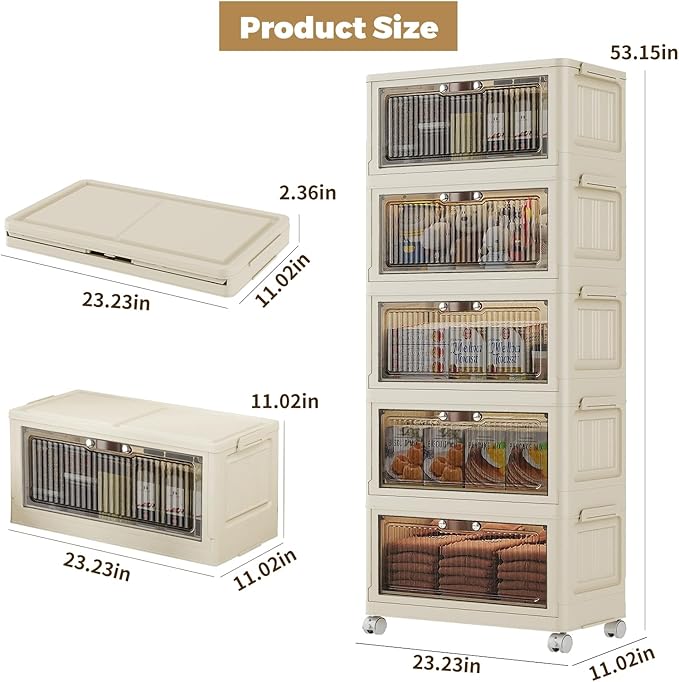 5 Tier - 48QT Storage Bins with Lids Collapsible Storage Bins with Doors and Wheels Plastic Storage Cabinet for Easy Storage and Organization for Living Room Office