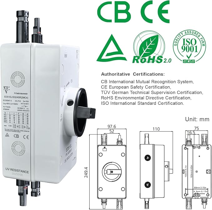 Solar Disconnect Switch 4-Pole DC1500 32A Isolator Solar Switch with Enclosure for Rooftop Solar Systems RVs and Boat Waterproof IP66 Black 2MC4