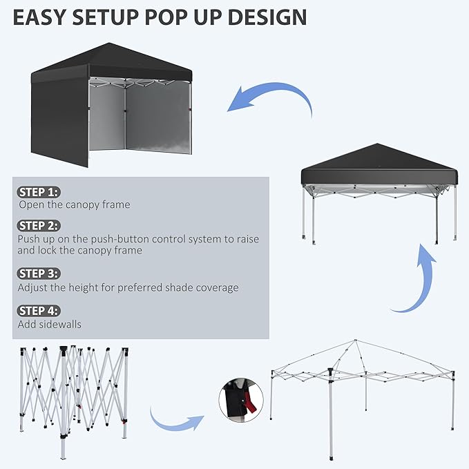 10'x10' Pop Up Canopy Providing Three Side Walls Complete Weight Bags Support Height Adjustable System Convenient Transport Bag