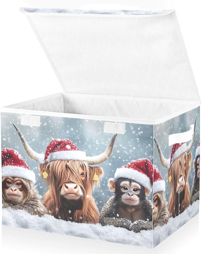 Storage Cube with Lid Christmas Cow Monkey Print 16.5×12.6×11.8 IN Collapsible Large Capacity Foldable Storage Basket Bin Organizer