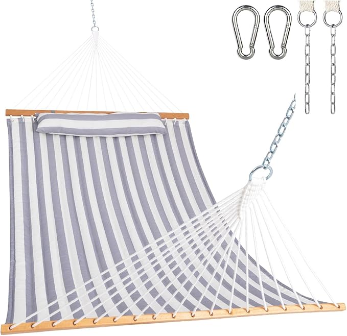 Lazy Daze Hammocks 12FT Quilted Fabric Double Hammock with Spreader Bars and Detachable Pillow 2 Person 450 lbs Capacity Gray White